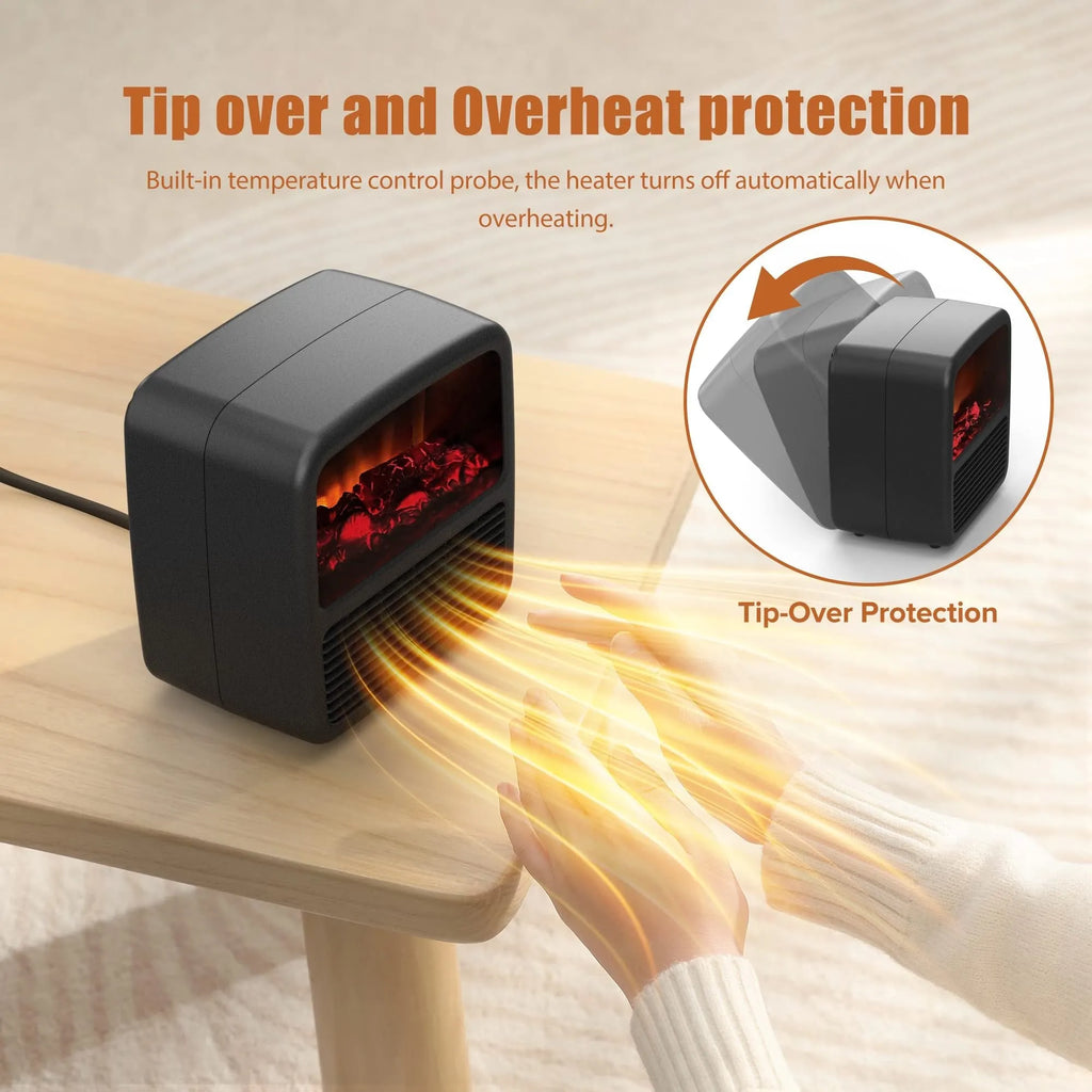 Black desktop ceramic electric space heater with LED flame effect and mechanical controls