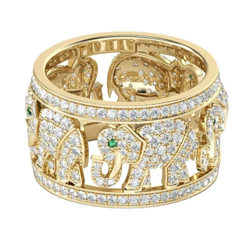 Close-up of an electroplated alloy ring with a diamond-set elephant design on a finger.