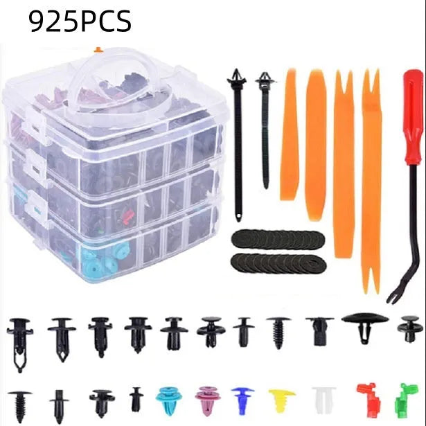 925-piece boxed set of universal car body fasteners including 26 kinds of nylon plastic clips, rivets, and fender screws with 105 tools