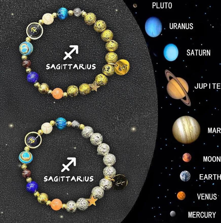 Two natural stone bead bracelets with zodiac symbols and adjustable knots in a gift box.