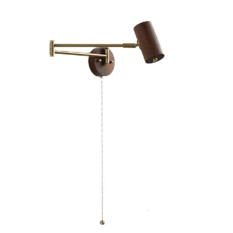 Retro walnut wood wall lamp with rotating spotlight and long arm extension