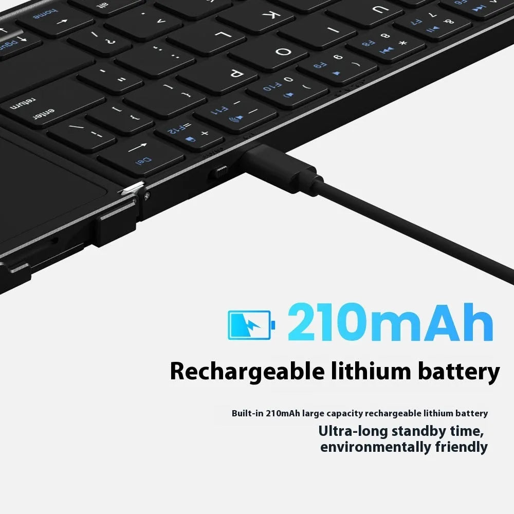 Black folding Bluetooth keyboard for tablets with silent membrane keys showing touchpad variant