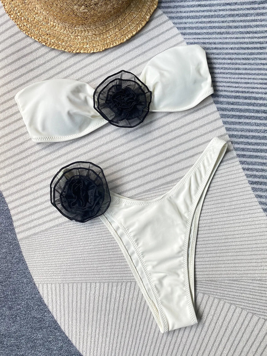 Black and white striped bikini swimsuit with a cross-border tube top and 3D floral split design.