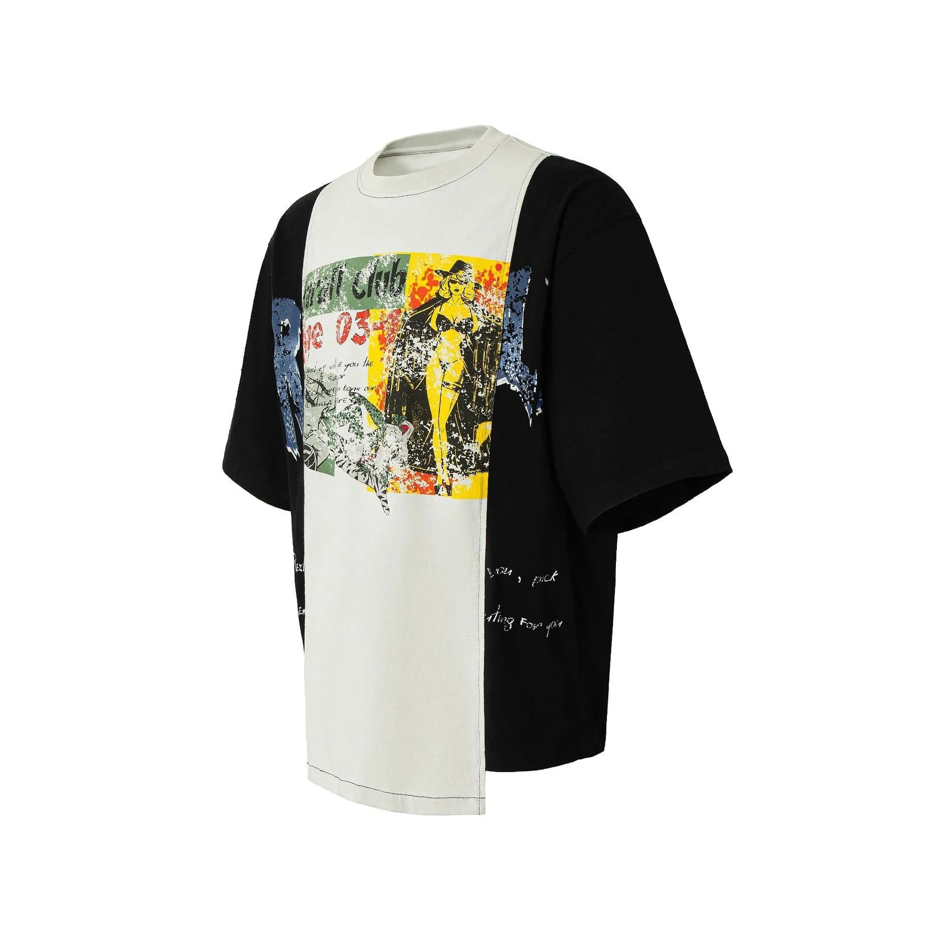 Black and white deconstruction printed collage T-shirt with loose fit street style
