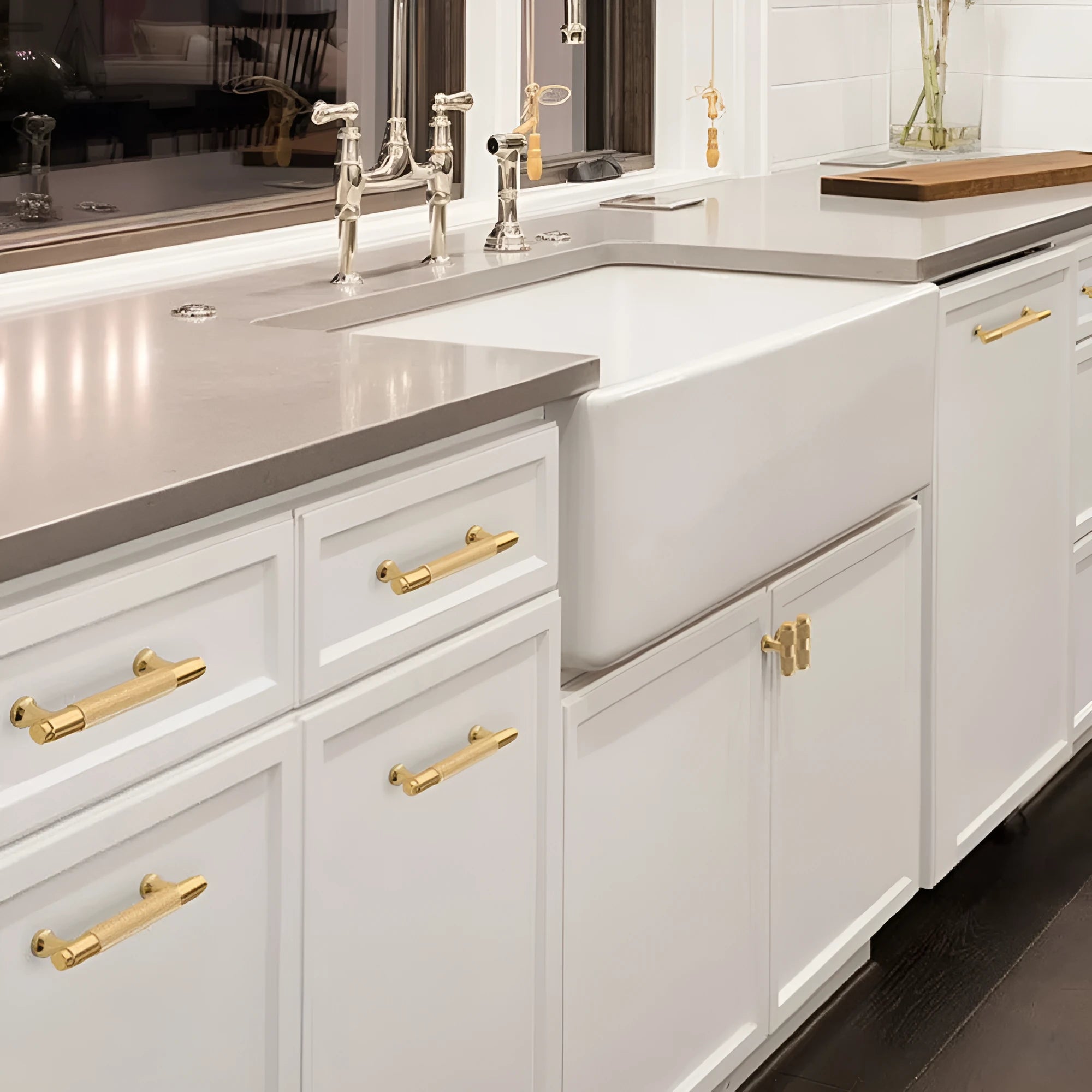 Brushed brass aluminium furniture handle for cabinet doors and drawers.
