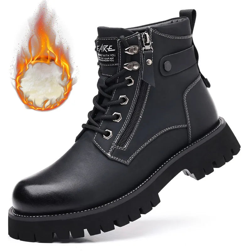 Men's brown leather high-top Martin boots with side zipper and round toe