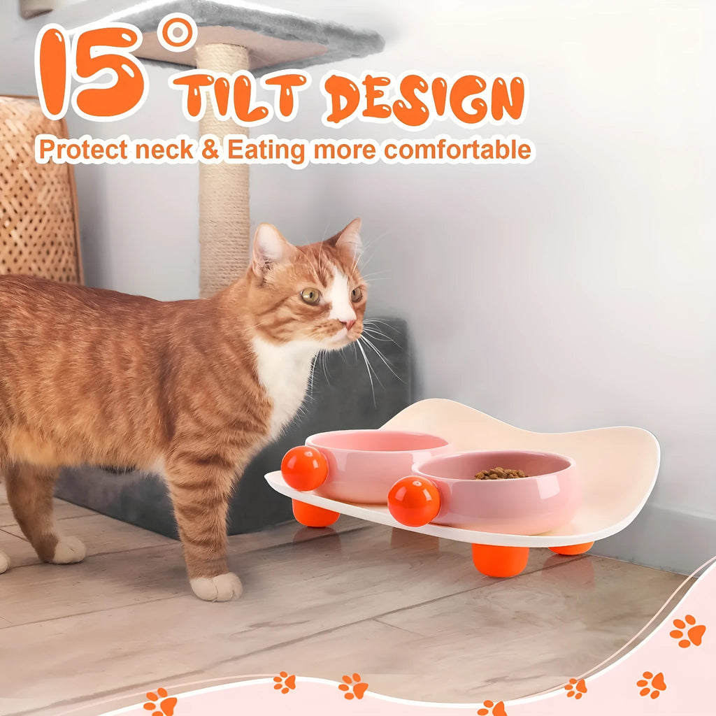 Elevated ceramic double bowl set for cats and small pets with non-slip base in pink, yellow or mixed colours