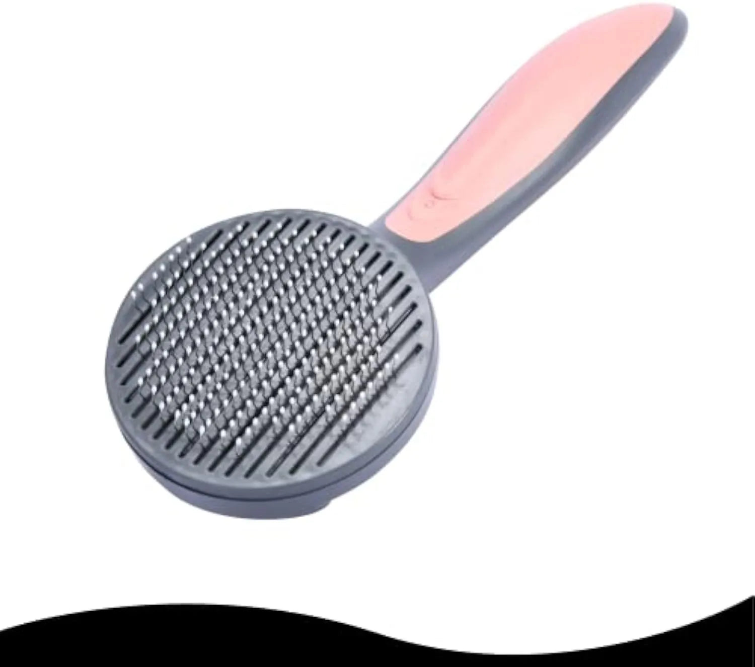 Grey self-cleaning slicker brush for grooming cats and dogs, showing the one-click cleaning button and soft-tipped bristles.