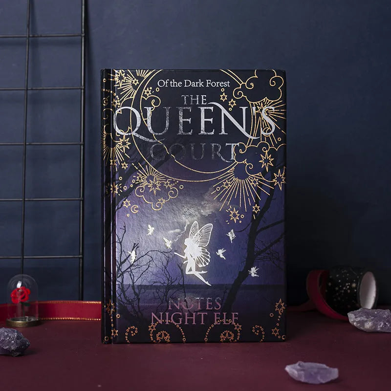 Blue and Purple luminous hardcover A5 notebooks open to show full-colour Night Elves illustrated pages.