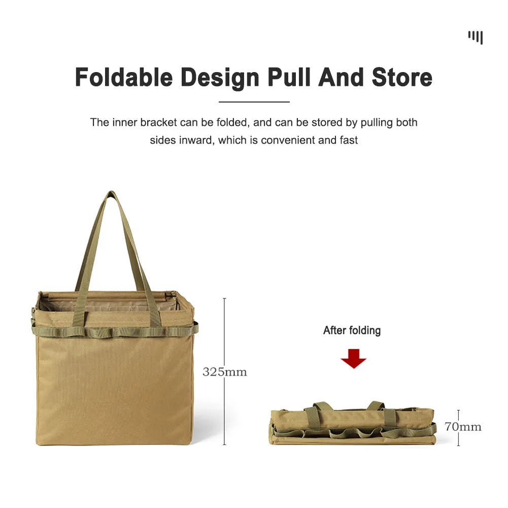 Khaki outdoor folding storage box and shopping bag, 600D Oxford cloth with EPE, approx 370x330mm, with hanging holes and D buckles.
