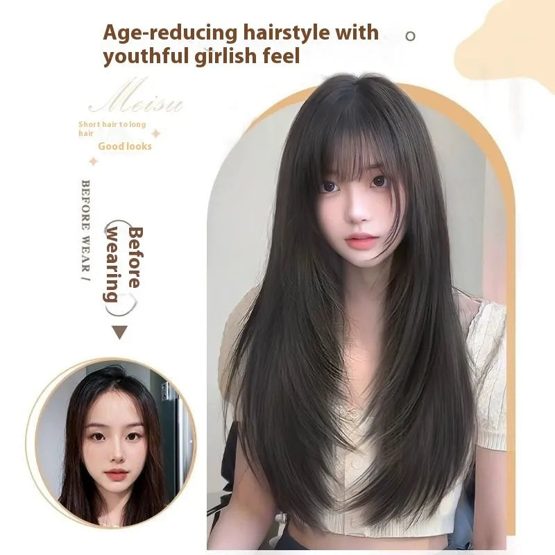 Black long straight full-head women's wig with high-layered cut and integrated hair net