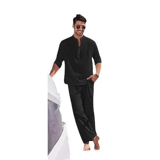 Men's solid colour cotton casual suit with long sleeves and trousers on a hanger