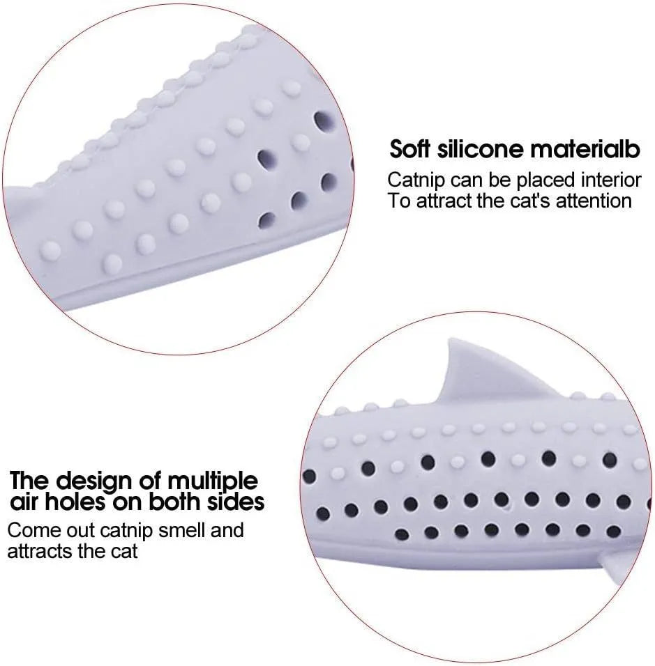 Green pink purple silicone cat fish chew toy with dolphin shape and breathable side holes