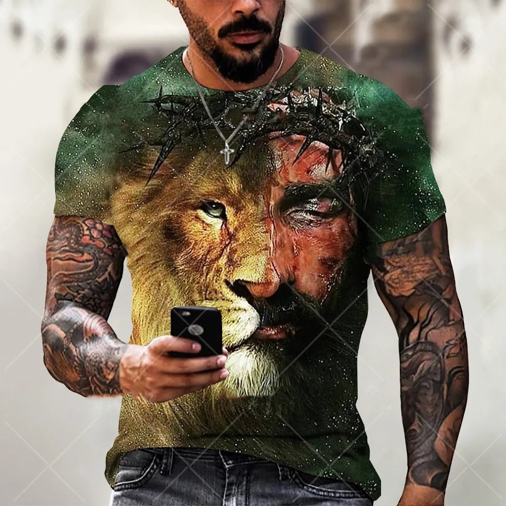 Men's grey T-shirt with a 3D printed Jesus pattern on the front, short sleeves.