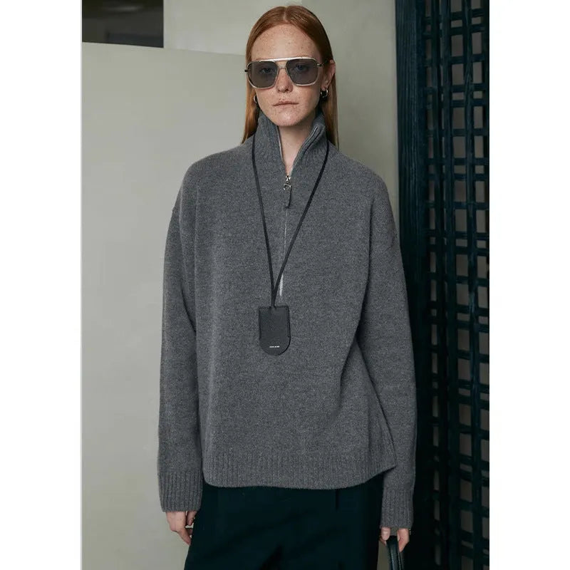 Wool bandage dress with lapels and long sleeves in Black and Mountain Rain Grey
