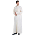 Traditional Arab Middle Eastern men's robe in white polyester, woven fabric, with full-length design