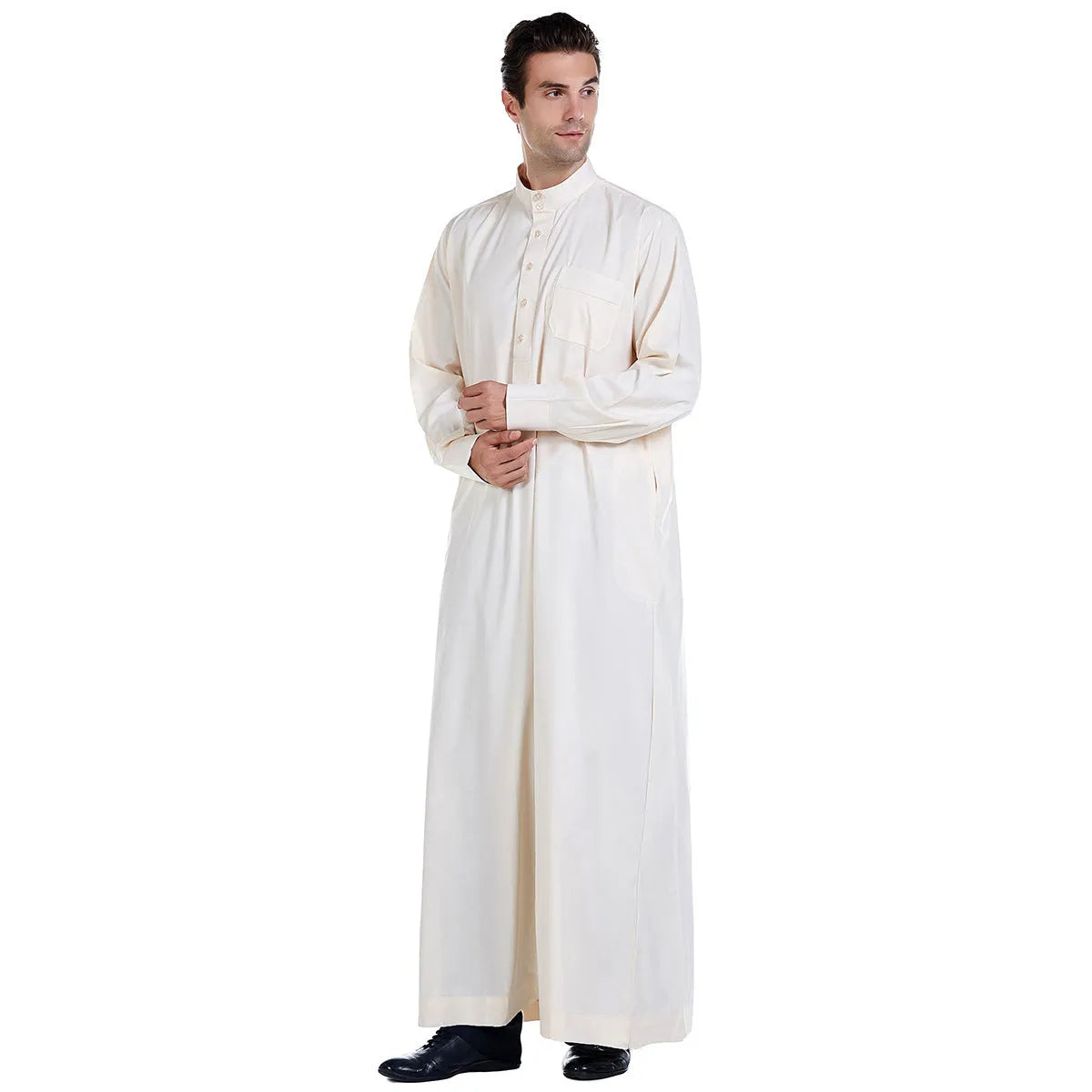 Traditional Arab Middle Eastern men's robe in white polyester, woven fabric, with full-length design