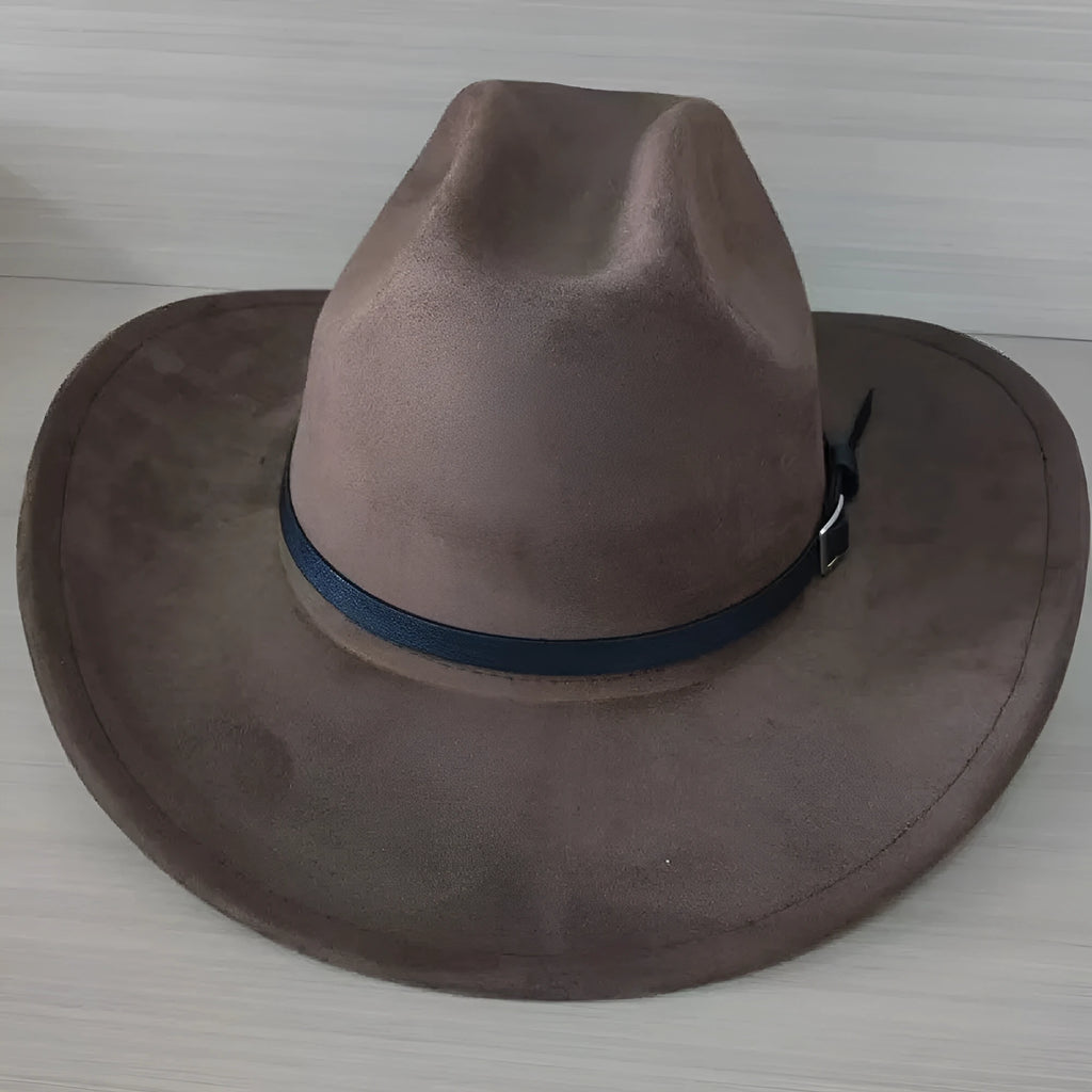 Brown leather velvet western cowboy hat with curved edge and conical crown