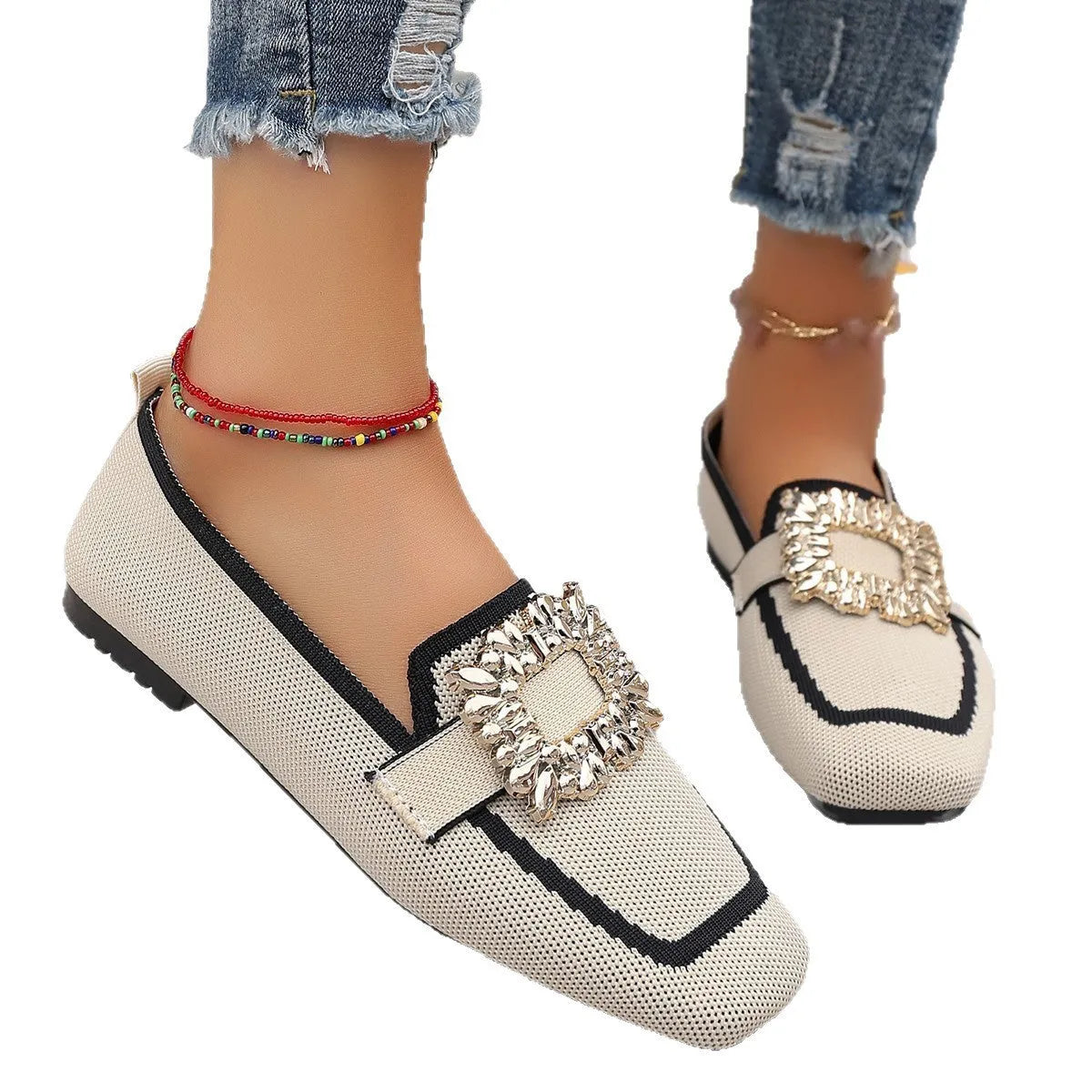 Flyknit slip-on square toe rhinestone flat shoes for women in beige with cloth lining