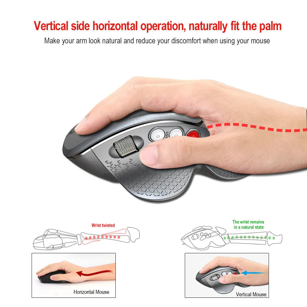 T32 black and silver wireless vertical ergonomic mouse with side aluminium roller.