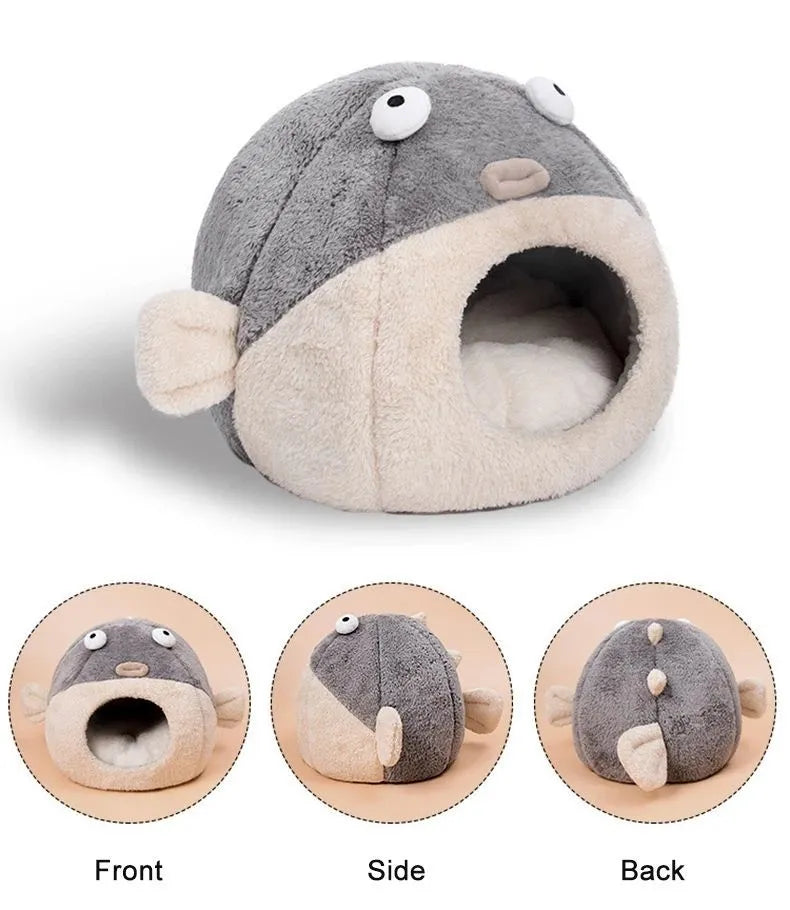 Balloonfish-shaped plush pet mat cushion for small dogs and cats, available in three sizes
