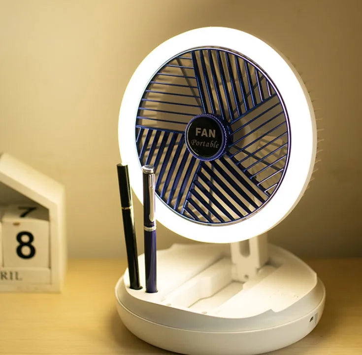 Blue foldable USB charging fan with LED light showing desk and wall mounting options