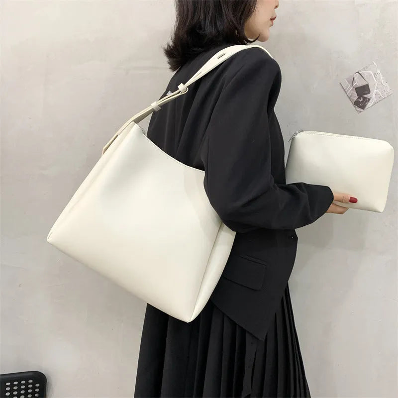Large soft PU shoulder tote bag for women with detachable small bag in khaki, 33x30x10cm