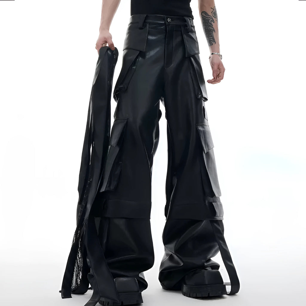 Black retro quilted trousers with multiple pockets and stitching ribbon details