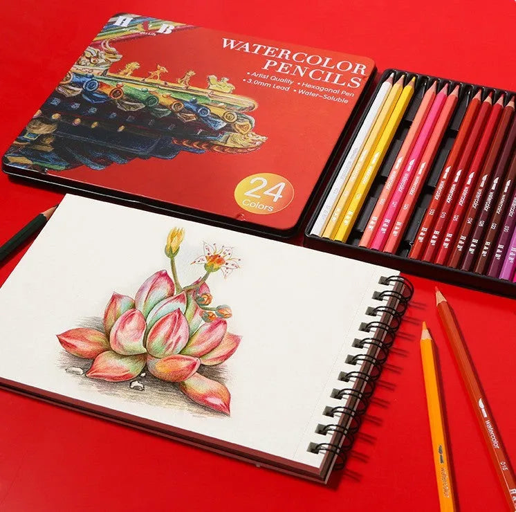 Water-soluble coloured pencil set with 24 colours in iron storage box for drawing and painting