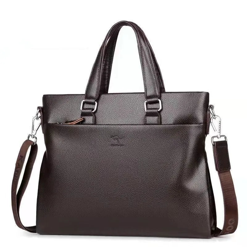 Men's black and brown PU leather messenger bag with shoulder strap measuring 35x30x4cm