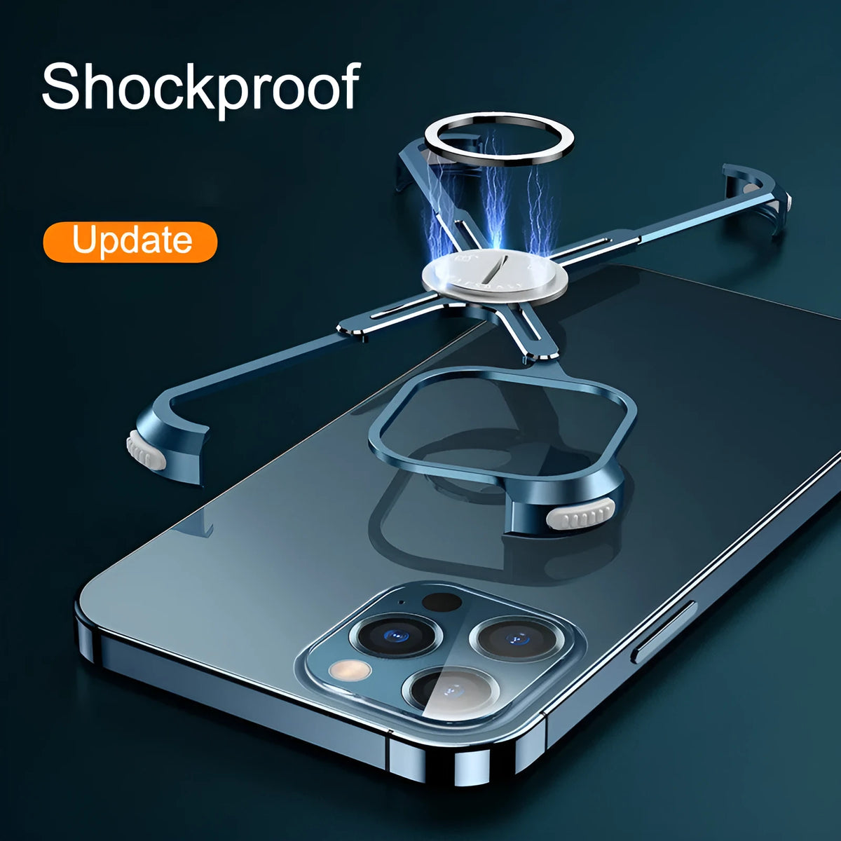 Metal phone case with X-shape design, airbag corners, and magnetic lock for iPhone 12 13 series in silver