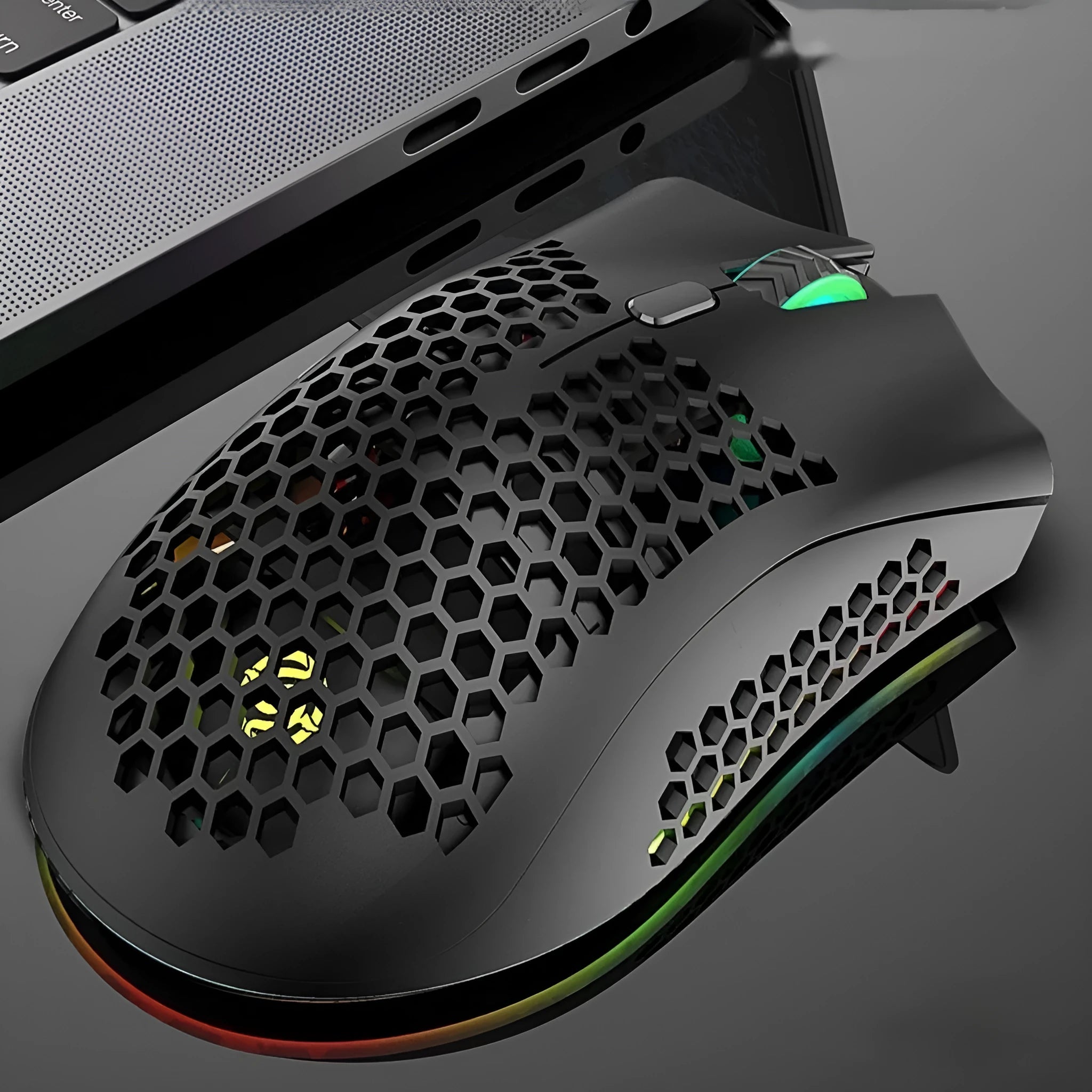 Hollow shell luminous wireless mouse with receiver in cyan colour