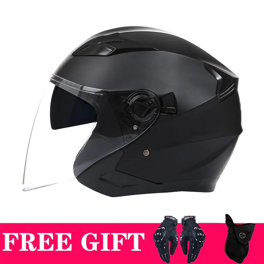 Double lens retro motorcycle helmet in matte black gold finish for electric motorcycle use with ABS shell