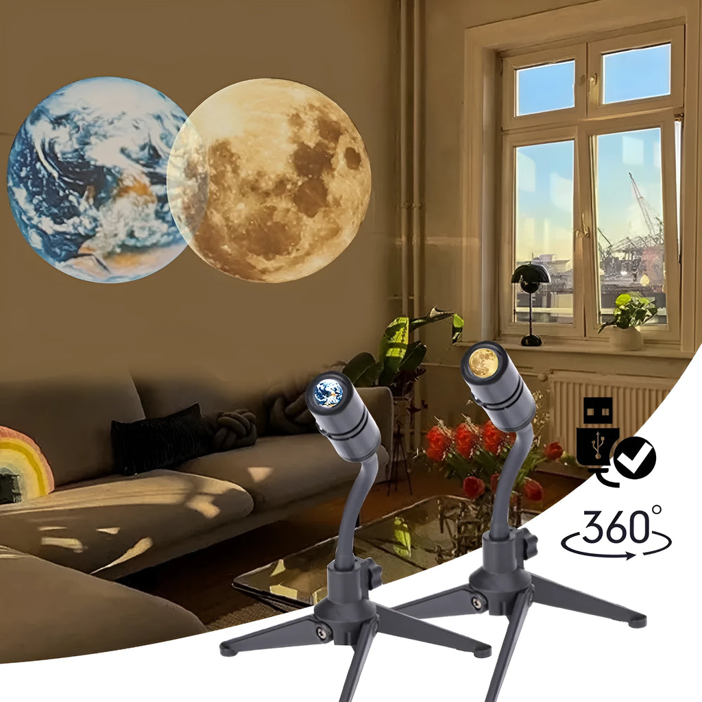 Earth and Moon projection lamp with flexible hose bracket on a table, showing USB cable.