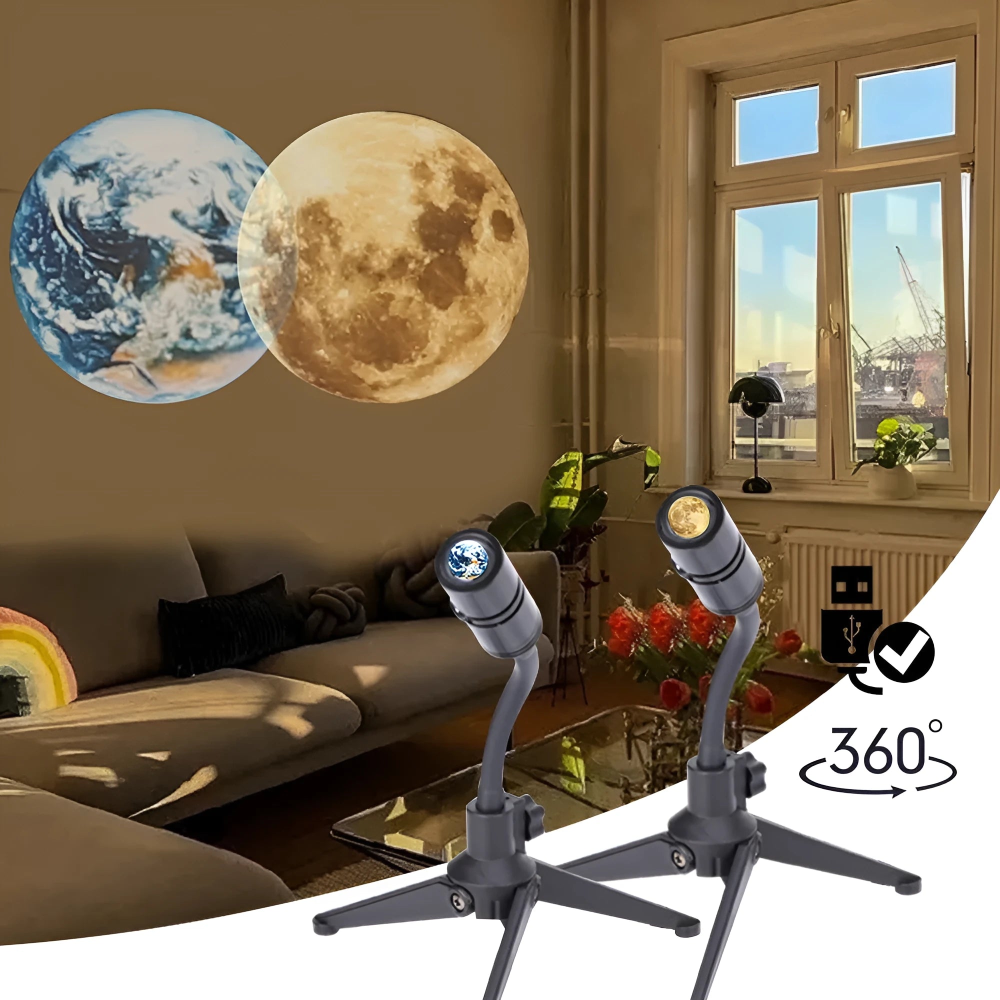 Earth and Moon projection lamp with flexible hose bracket on a table, showing USB cable.