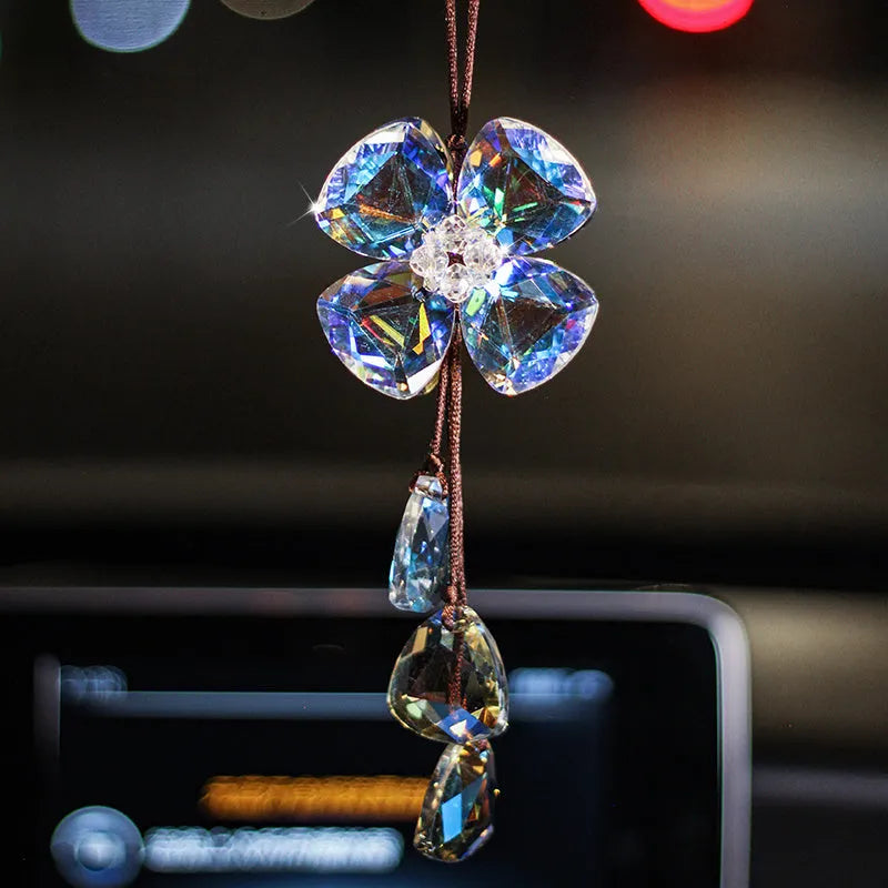 Crystal four leaf grass car pendant in four colour options for dashboard decoration