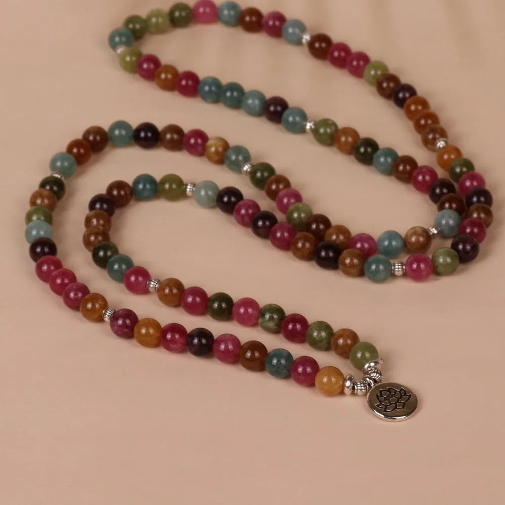 Natural tourmaline 108 bead bracelet with lotus pendant and multi-layer adjustable design