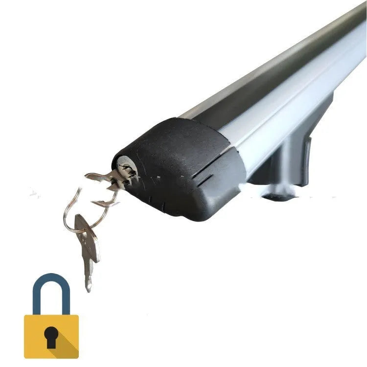 Alloy roof rack crossbar kit for General Motors SUV on a vehicle roof, showing adjustable length.