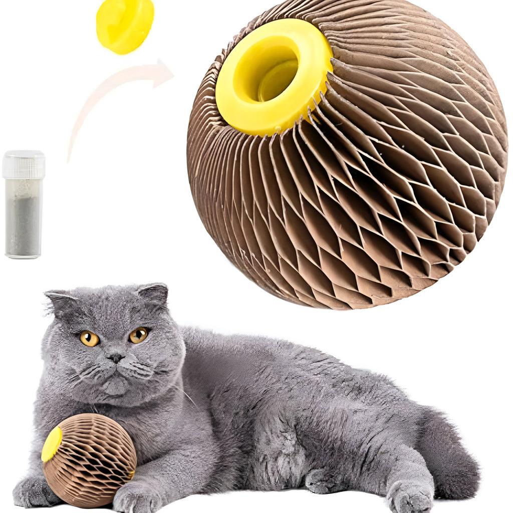 Brown refillable catnip ball toy for cats, 76mm corrugated paper scratcher with natural catnip
