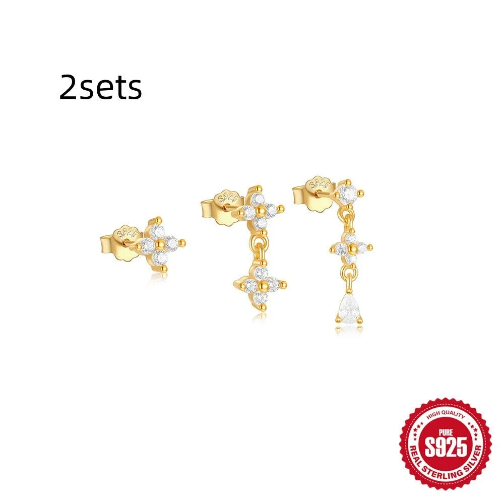 S925 sterling silver geometric tassel earring set with three pairs in gold colours