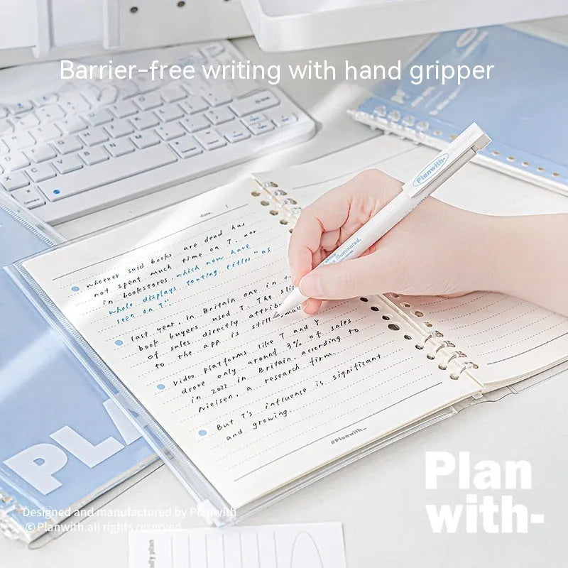 A5 PVC spiral notebook with transparent cover in blue or white, showing spiral binding and standard paper size