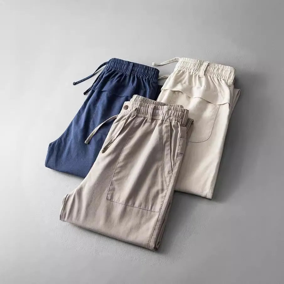 Men's linen trousers in navy blue, apricot linen or grey with mid-waist fit and trouser length