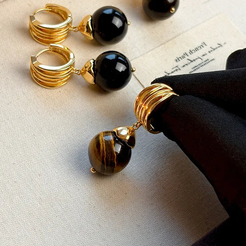 Geometric tigereye earrings for women with gold plating in black and brown colours