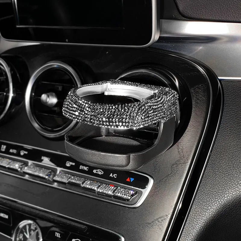 Car air vent cup holder bracket with rhinestone decoration in white diamond pattern