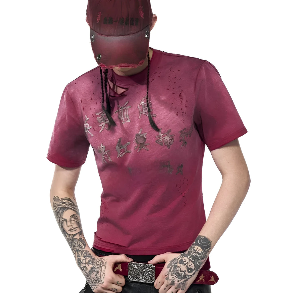 Red men's slim-fit t-shirt with distressed finish and short sleeves for summer casual wear