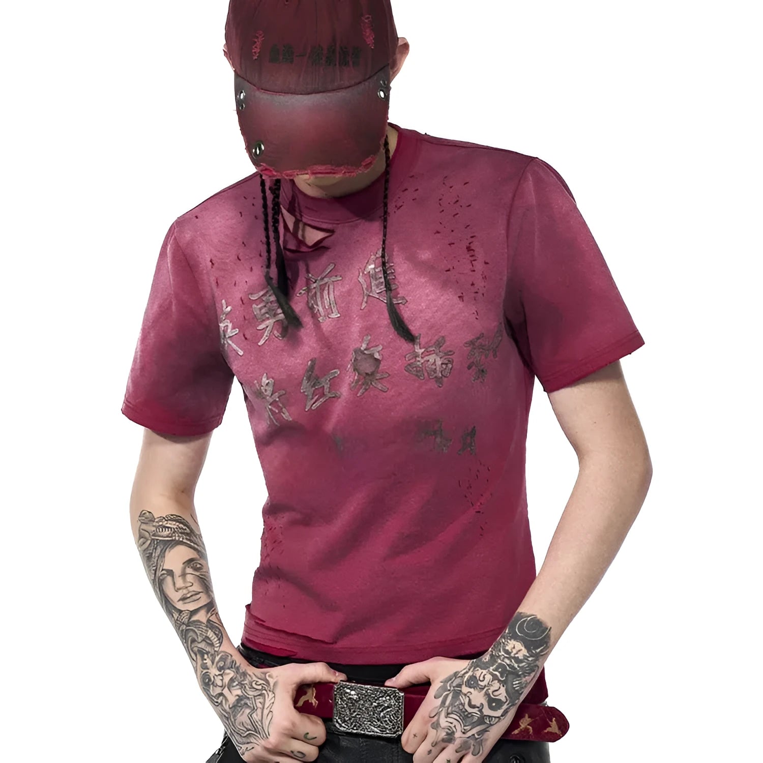 Red men's slim-fit t-shirt with distressed finish and short sleeves for summer casual wear