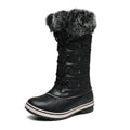 Women's high-top flat snow boots in black synthetic leather with round toe and high-top shaft