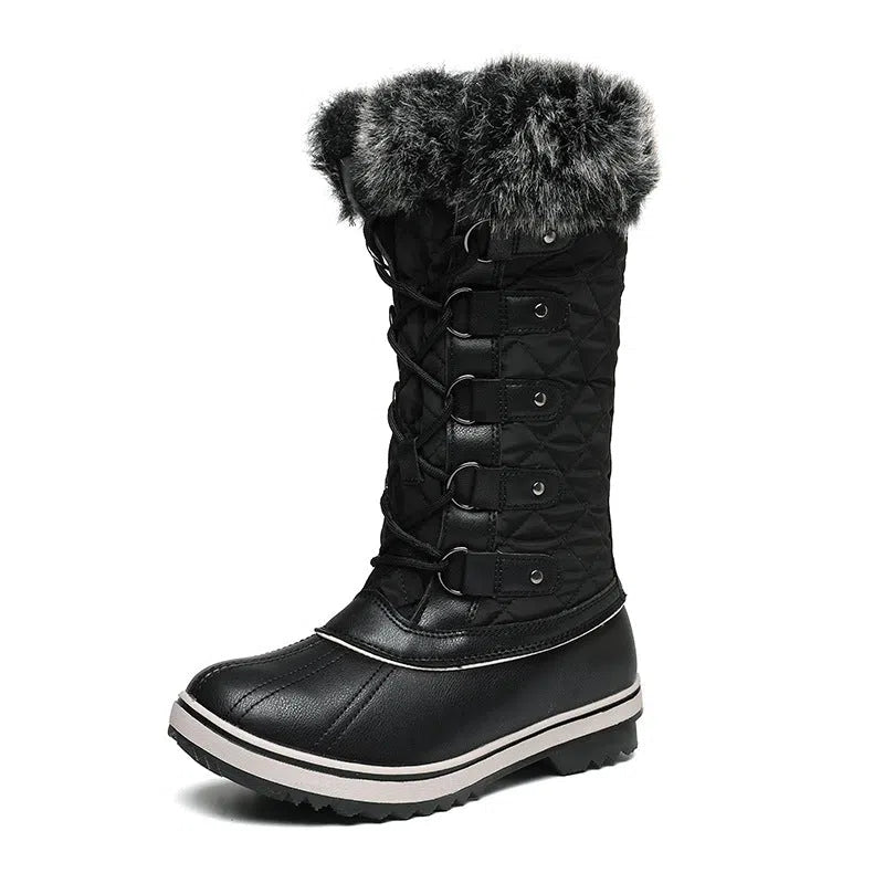Women's high-top flat snow boots in black synthetic leather with round toe and high-top shaft