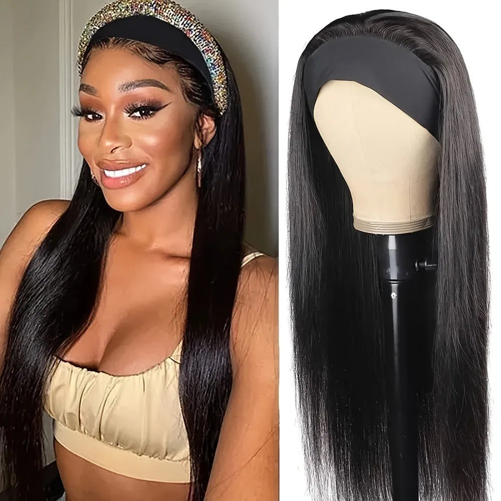 Headband wig with long synthetic hair in straight and curly styles, in black and wine red colours.