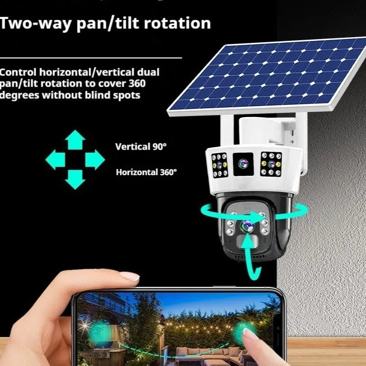 Solar-powered outdoor surveillance camera with three-screen display and 4MP resolution